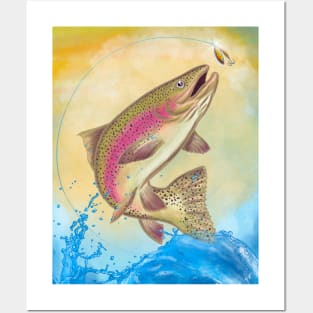 End Of The Line // Rainbow Trout Jumping Out Of Splashing Water // With Lure at Sunset // Fish On! Posters and Art